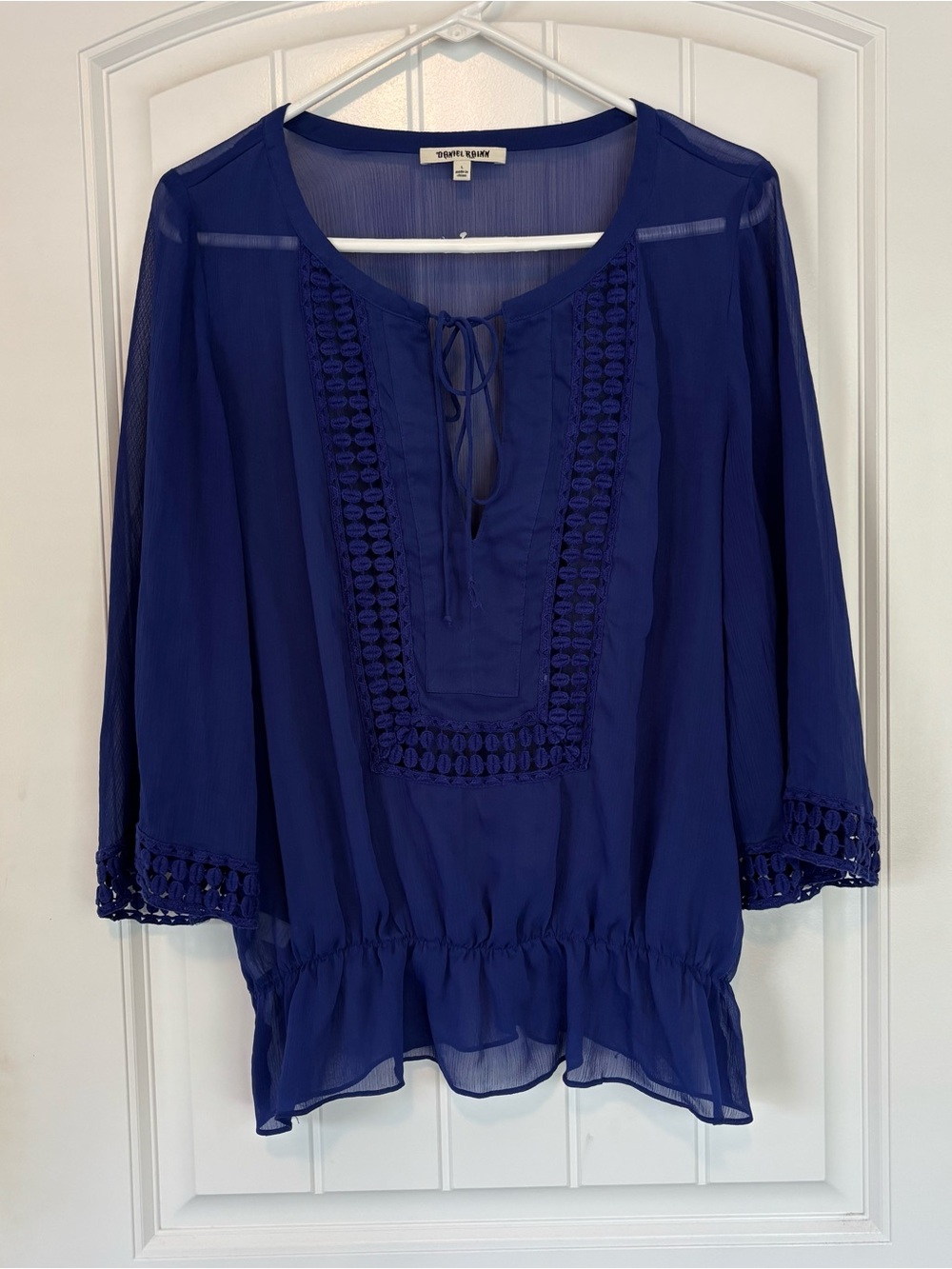 Daniel Rainn Royal Blue Crochet-Trim Sheer Peasant Tunic Size Large